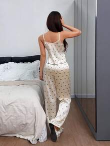 Dream Adore Bowknot Print Faux Silk Camisole & Long Pants Women's Pajama Set - Apricot - View 2