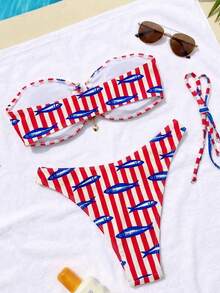 Swim Mod 2pcs/Set Women's Beachwear Fashion Cute Vacation Seaside Pool Party Blue And White Striped Print Metal Chain Strapless Bandeau Top Sexy Bikini - Multicolor - View 2