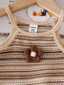 SHEIN Summer New Vacation Casual Cute Girls' Camisole V-Neck Crochet Striped Beach Fabric Cute Crochet Flower White Round Woven Strap Top With Matching Textured Ruffle Shorts Set - Coffee Brown - View 4