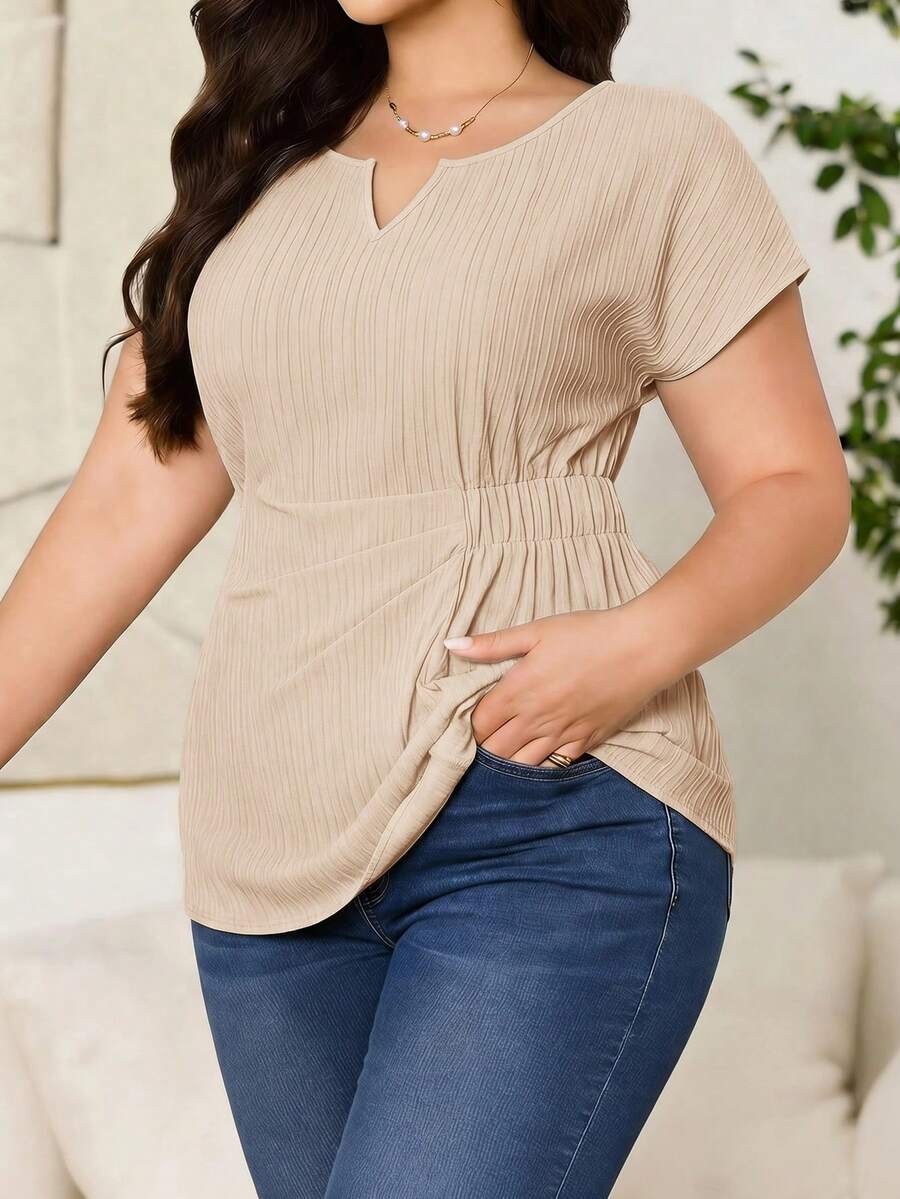 Reflora Plus Size Women's Solid Color Notch V-Neck Batwing Short Sleeve Casual Shirt Workwear Hot Pink Summer - Black - View 1