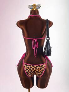 Amplova Sexy Bandage Vacation Colorblock Pink Leopard Print Deep V-Neck Sleeveless Tie Strap Women's Mini Bodysuit Night Out Party Summer - Khaki - View 8