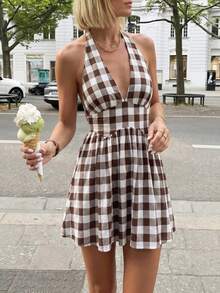 SuriyaCove Women's Plaid Deep V-Neck Waist-Cinching Halter Neck Vacation Dress - Coffee Brown - View 4