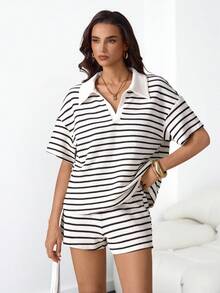 SHEIN Tall 女款條紋短袖領口T恤與短褲休閒兩件套 - 黑與白 - 查看 5