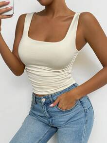 Allurite Women's Plain Square Neck Pleated Casual Tank Top - Multicolor - View 5