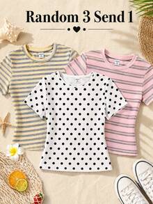 SHEIN SHIEN 青少年女孩圓領短袖白色黑波點 T-shirt，夏季修身上衣，休閒可愛貼身款，夏季校園穿搭 - 黑與白 - 查看 8