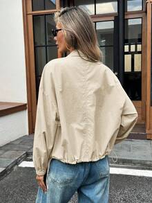 Easowa 女款風衣外套休閒極簡純色基礎款長袖秋季短版灰色外衣教師風返校上衣辦公穿搭 - 杏色 - 查看 9