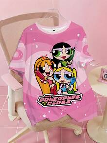 THE POWERPUFF GIRLS X SHEIN Plus Size Cartoon Print Round Neck T-Shirt All Over Print - White - View 1
