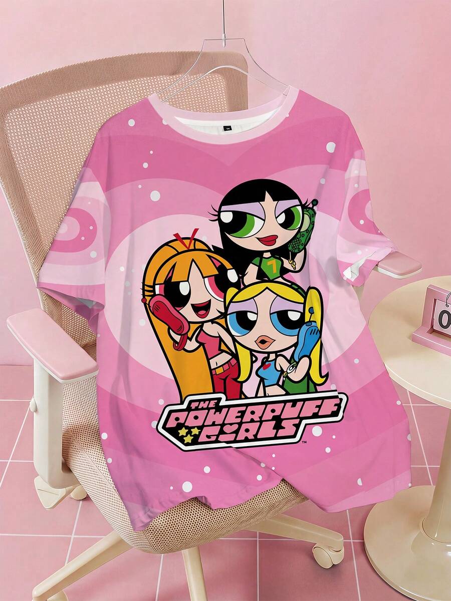 THE POWERPUFF GIRLS X SHEIN Plus Size Cartoon Print Round Neck T-Shirt All Over Print - White - View 1