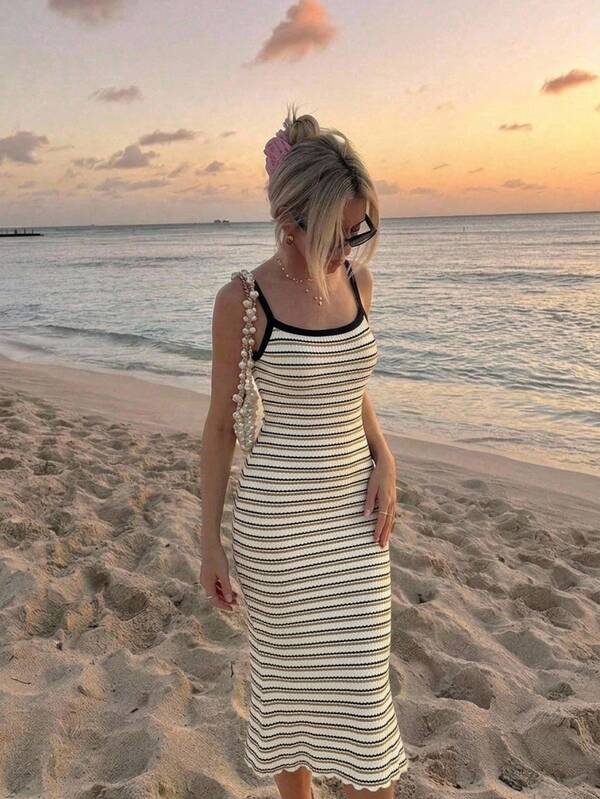 SHEIN MOD 女士条纹印花修身优雅中长吊带裙
