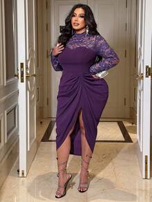 NU&NOW Plus Size Women Spring Autumn Winter Sexy Party Gathering Banquet Lace Patchwork High Neck Long Sleeve Bandeau Elastic Slim Fit Bodycon Ruched Slit Dress - Purple - View 5