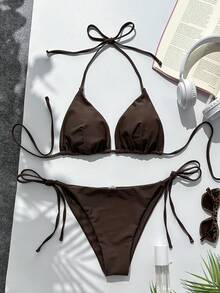 Swim Mod Women's Summer Halter Neck Triangle Cup Side Tie Sexy Dual Fabric Bikini Swimsuit For Beach Vacation - Brown - View 3