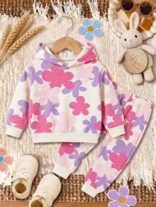 2pcs/Set Baby Girl Floral Print Contrast Color Hooded Sweatshirt & Pants Outfit, Suitable For Autumn, Winter, Spring, Indoor & Outdoor Daily Wear - Multicolor - View 4