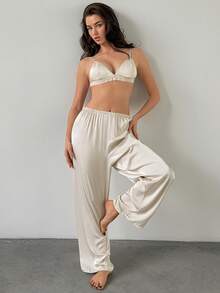 Livesso Solid Color Spaghetti Strap Adjustable Bra Loose Straight Leg Long Pajama Pants Lace Patchwork 2pcs Set Summer Wear Women's Pajama Set - Beige - View 6