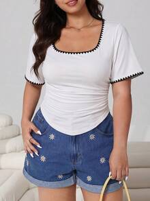 Solflare Women's Plus Size Embroidered Trim Short T-Shirt - Black and White - View 8