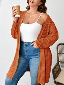 SHEIN LUNE Cárdigan de punto acanalado de color liso talla grande para primavera, otoño e invierno - Óxido marrón - Ver 3