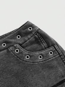 ACID BLVD Summer Vacation Y2K Hot Girl Metallic Eyelet Washed Bodycon Mini Skirt - Grey - View 9