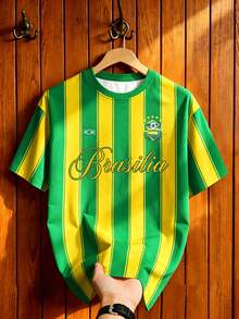 Manfinity Campus Court 男士 Brasilia 綠黃條紋足球 T-shirt，世界盃巴西球迷上衣，適合賽事、聚會、旅行與日常穿著，假日款 - 彩色 - 查看 5