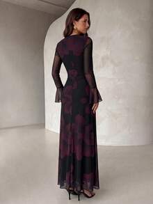 Modelyn Women's V-Neck Floral Print Pleated Elegant Cinched Waist Party Dress Holiday Purple Dresses For Women Maxi Dress فساتين - Purple - View 4