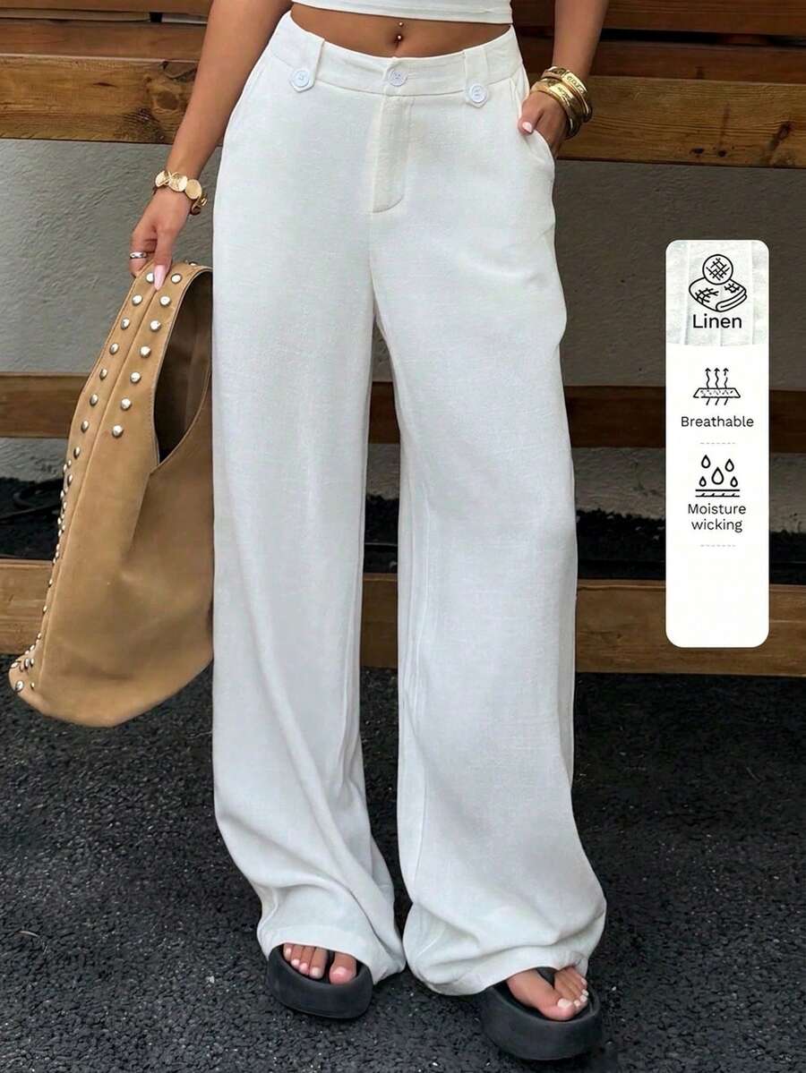 Muchica 女款白色亞麻編織寬鬆寬腿褲,休閒日常通勤簡約百搭,夏季時髦度假海灘風 - 白色 - 查看 1