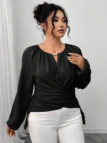 Elenzga Plus Size Solid Color Crossover Wrap Shirt, Suitable For Commuting - Black - View 3