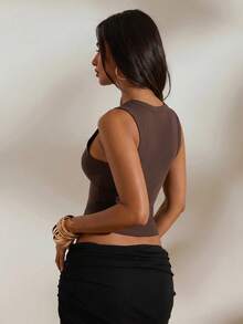 Opulessa Spring/Summer Vacation Solid Color Knit Fitted Women's Tank Top - Brown - View 6