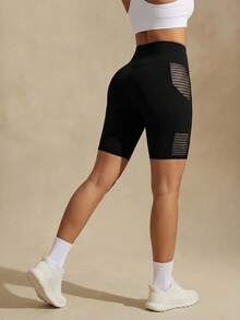 Glamine Women's Solid Color Mesh Patchwork Design Fashion Sports Fitness Yoga Tight Leggings - Black - View 3