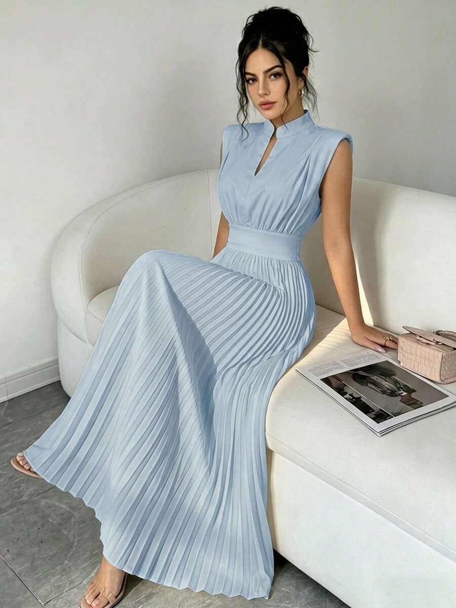 Modelyn Women's Woven Pale Sleeveless Padded Shoulder Small Stand Collar Pleated Elegant Commute Romantic Charming Pastoral Style Outing Date Midi Blue Dress - Blue - View 1