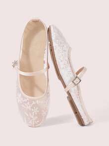 CUCCOO DOLLMOD Scarpe da donna, rosa, tomaia in pizzo e rete, punta tonda, basse, Mary Jane, tacco posteriore, dolci, carine e comode in estate - fiore rosa - Visualizzare 1