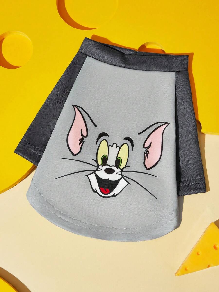 TOM & JERRY X SHEIN 經典卡通貓臉印花寵物T恤,插肩袖狗T恤適用於四季,透氣舒適的小型至中型犬幼犬襯衫,適用於貓 - 灰色 - 查看 1