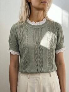 Sprig & Strand Women's Spring/Summer Round Neck Lace Trim Patchwork Design Elegant French Sweet Date Office Brunch Fitted Knit Pullover Top Sage Green - Green - View 5