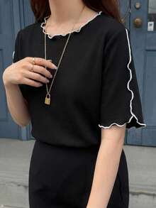 FRIFUL 女款荷葉邊飾圓領短袖休閒寬鬆T恤 夏季 - 黑色 - 查看 5