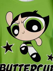 THE POWERPUFF GIRLS X SHEIN 大尺碼休閒牛仔可愛卡通圖案圓領短袖T恤，夏季綠色 - 白色 - 查看 5