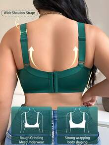 DesireSculpt Plus Size Lace Patchwork Wireless Bra, 1pc - Dark Green - View 2