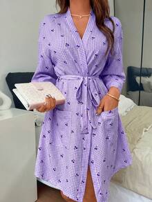 Napfluff Bata casual de mujer con estampado de cuadros de cereza y frente abierto - Morado - Ver 5