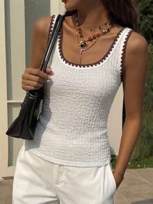 DAZY Women's Summer Vacation Holiday Outfit White And Brown Color Contrast Trim U-Neck Sleeveless Fitted Textured Fabric Tank Top Vacation Casual - White - View 5