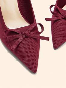 CUCCOO BASICS Elegant Red Knit Slip On Pumps For Ladies Chic Bow Design Pointed Toe Heels - Burgundy - View 3