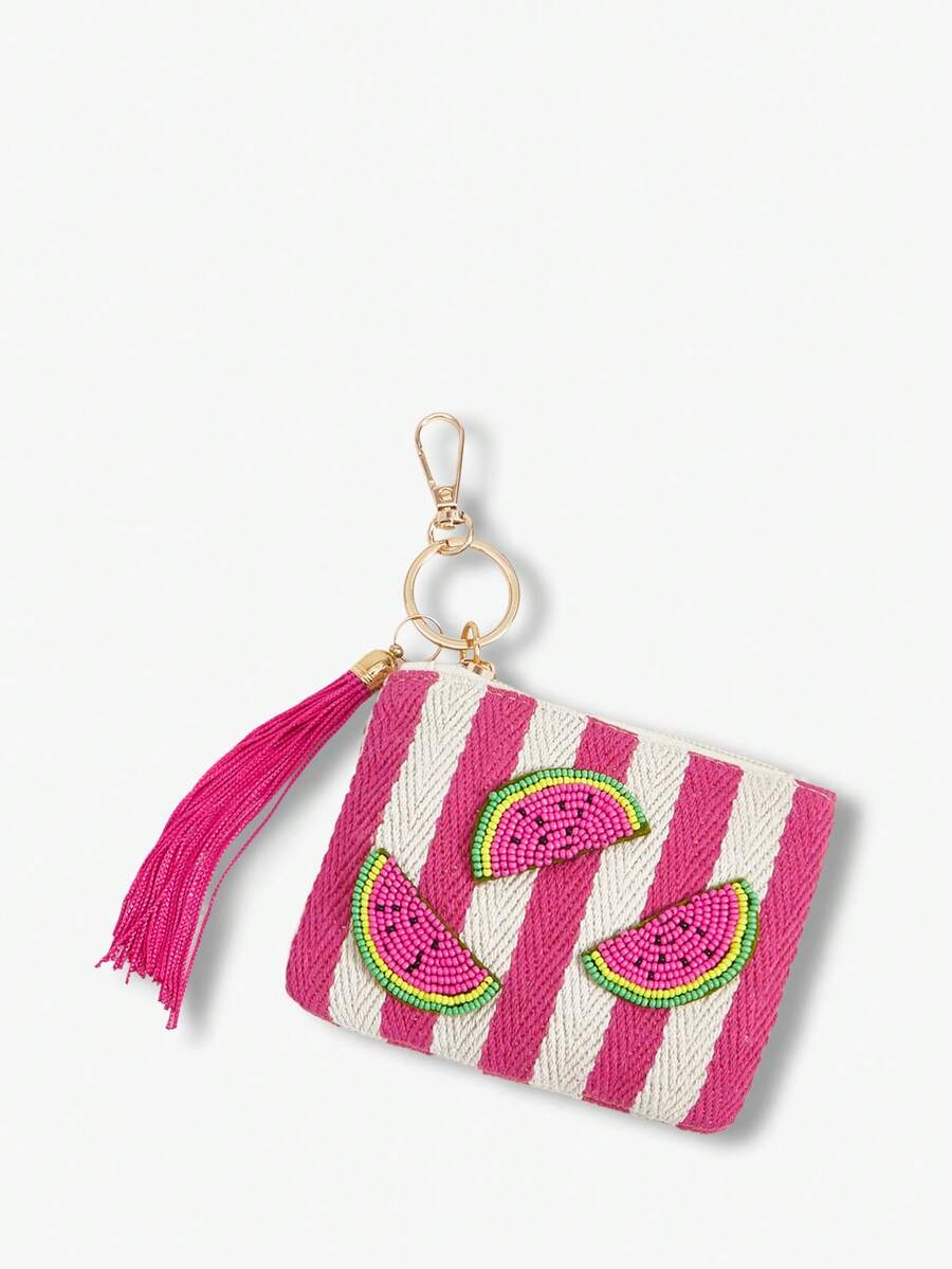 Viva Strut 1 Peça Fashionable, Simples, Personalizado e Divertido, Primavera e Verão Vento, Chaveiro de Contas de Melancia Vermelho-Rosa Listrado Feito à Mão com Franjas, Bolsa de Troca, Praia e Férias de Verão à Beira-Mar, Melhor Presente - Rosa vermelha e branca - Visão 1