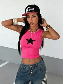 StreetHx Tank Top Crop Leher Bulat Motif Bintang Hitam Modis untuk Wanita - Hot Pink - View 6