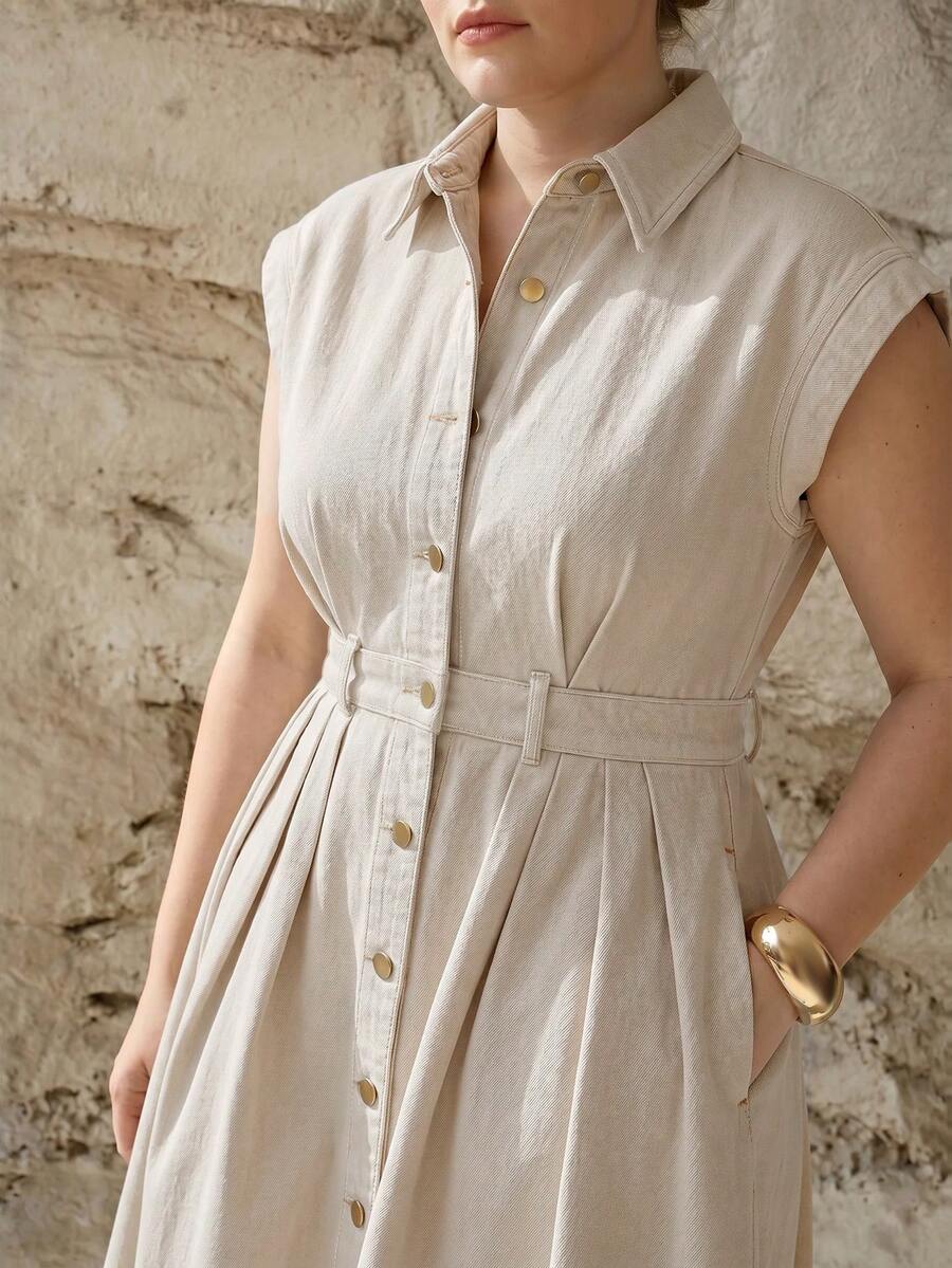 MOTF PREMIUM PLUS SIZE WOMEN'S SPRING/SUMMER CASUAL DATE CAP SLEEVE DENIM DRESS WITHOUT BELT - White - View 2