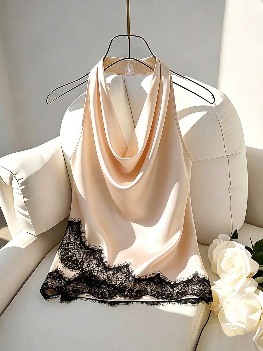 Franclia Women's Contrast Lace Ruffle Neck Elegant Sexy Draped Neck Tank Top Night Black And Beige Summer - Apricot - View 1