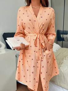 Napfluff Women's Casual Cherry Plaid Print Open Front Robe - Orange - View 5
