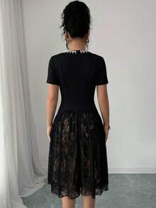 Feyla Women's Faux Pearl Decorated Round Neck Short Sleeve Lace Hem Elegant Modest Short Dress Party Dinner Black Summer - Black - View 2