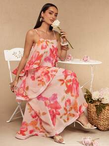 Silquee Pink Floral Maxi Dress Layered Design With Exaggerated Ruffles Elegant European Jamican Sexy Tropical Wedding Summer Mother Of The Bride - Light Yellow - View 7