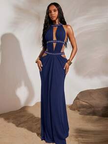 Opulessa Vestido de mujer de punto de malla con recortes, cuello halter y espalda descubierta, color liso, para vacaciones de primavera/verano - Azul Marino - Ver 4