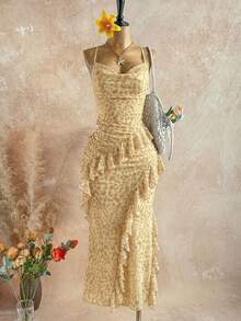 Soleia Robe à bretelles pour femmes grandes tailles avec imprimé léopard marron, col volant et ourlet à volants superposés - Jaune citron - Voir 1