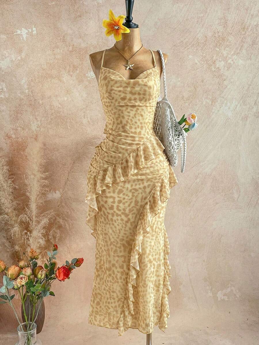 Soleia Robe à bretelles pour femmes grandes tailles avec imprimé léopard marron, col volant et ourlet à volants superposés - Jaune citron - Voir 1