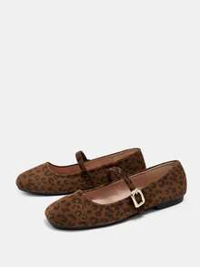 Bholvia Women's Fashion Square Toe Leopard Print Slip-On Flats, Versatile Office/Casual Wear, Outdoor Activities, High-Quality Aesthetic, Mary Jane Shoes, Ballet Flats, Suitable For Party, Wedding, All Seasons - Leopard - View 4