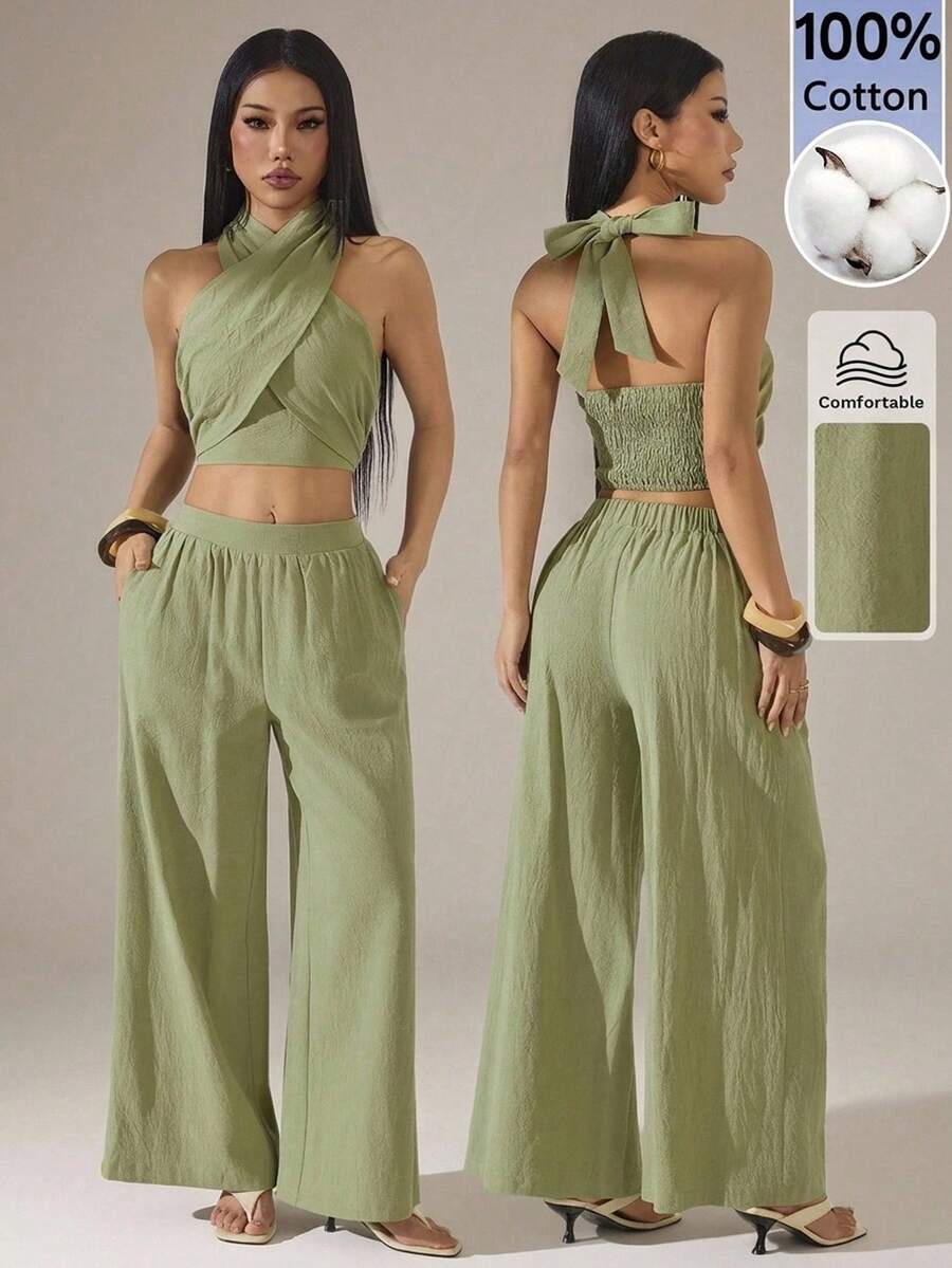 SHEIN PETITE 女款休閒度假 100%純棉綠色素色交叉短版掛脖上衣與寬腿褲休閒兩件套,綠色兩件套,夏季褲裝套裝,純棉兩件套,波西米亞風兩件套,修身休閒套裝,夏季度假穿搭,女款假日穿搭,女款夏季穿搭,女款西式假日穿搭,女款度假度假村穿搭,夏季度假穿搭夏季兩件套女款休閒兩件套舒適兩件套 - 綠色 - 查看 1
