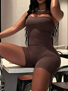 INAWLY Solva Women's Fashion Casual Sexy Backless Lace-Up Tight Jumpsuit - Coffee Brown - View 3