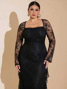 SHEIN BAE CURVE Plus Size Women's Contrast Lace Ruffle Elegant Dress Fall - Black - View 7